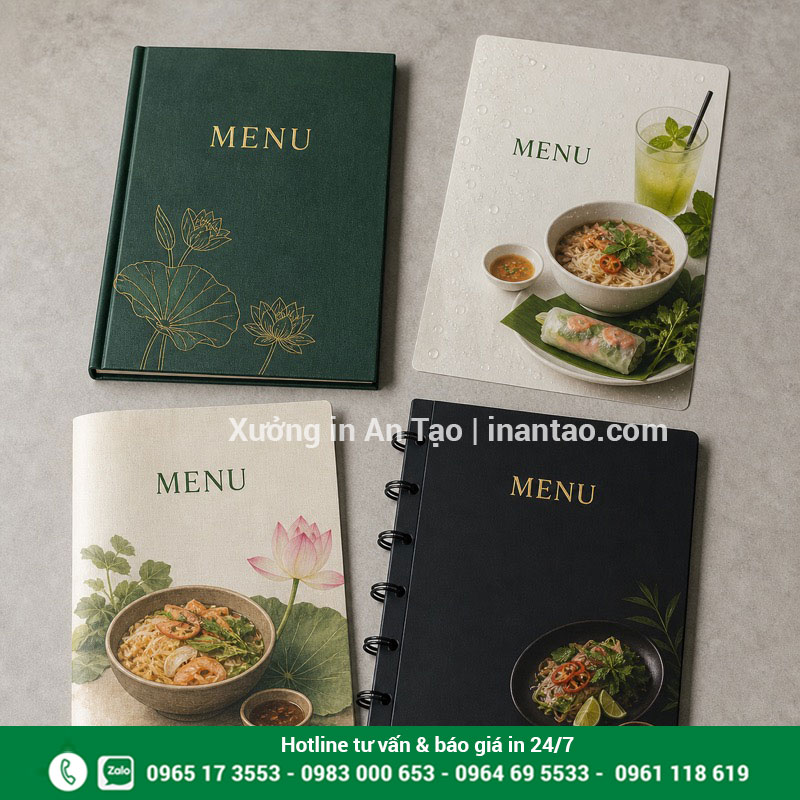 So sánh chất liệu in menu cho nhà hàng quán ăn Các chất liệu in menu gồm bìa cứng giấy nhựa và gáy còng