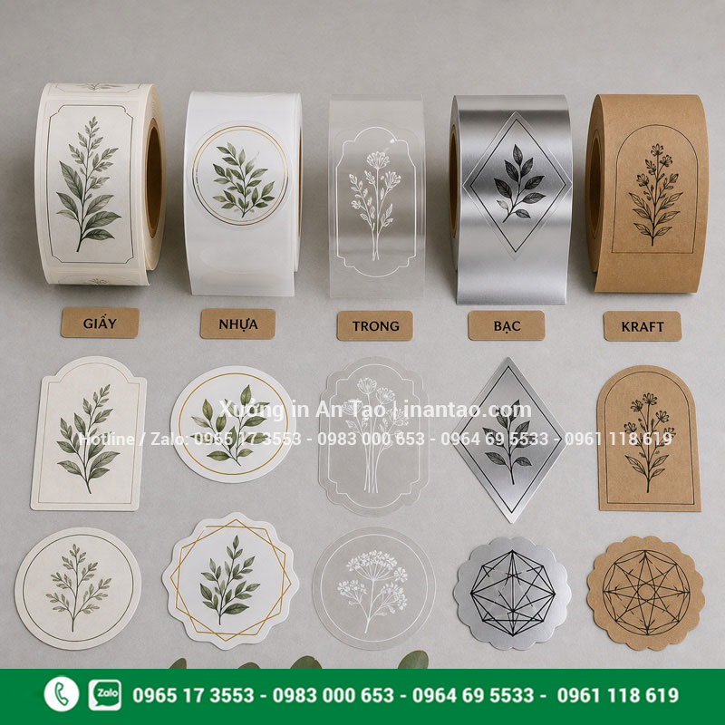 Các chất liệu in tem nhãn decal phổ biến So sánh chất liệu in tem nhãn decal giấy nhựa trong bạc kraft