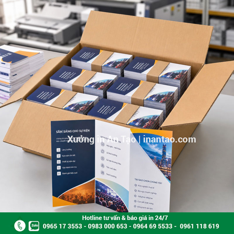 Đóng gói brochure thành phẩm tại xưởng Brochure thành phẩm được đóng gói trước khi giao khách