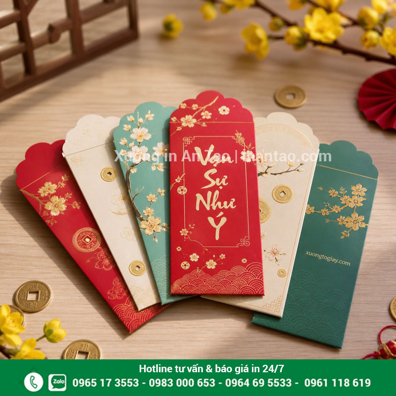 In bao lì xì đẹp theo nhận diện thương hiệu Bộ in bao lì xì theo yêu cầu đã hoàn thiện tại xuongtogiay.com