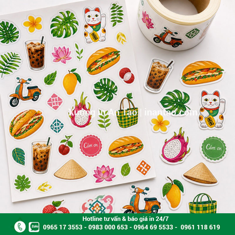 In decal sticker theo yêu cầu bế demi Tờ in decal sticker bế theo hình với họa tiết Việt Nam nhiều màu