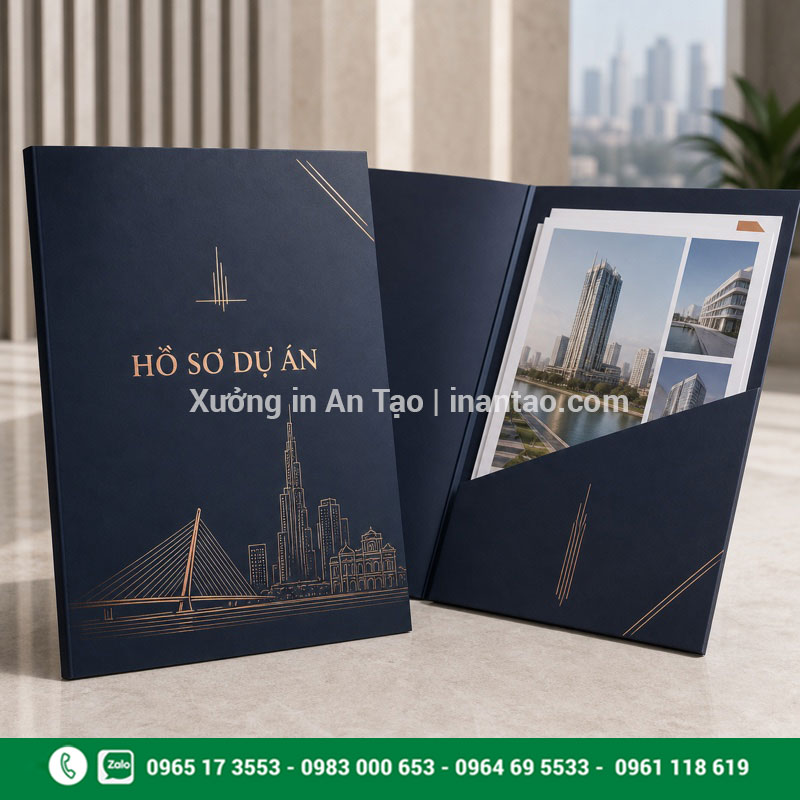 In folder hồ sơ dự án chuyên nghiệp Mẫu in folder hồ sơ dự án màu xanh ép kim