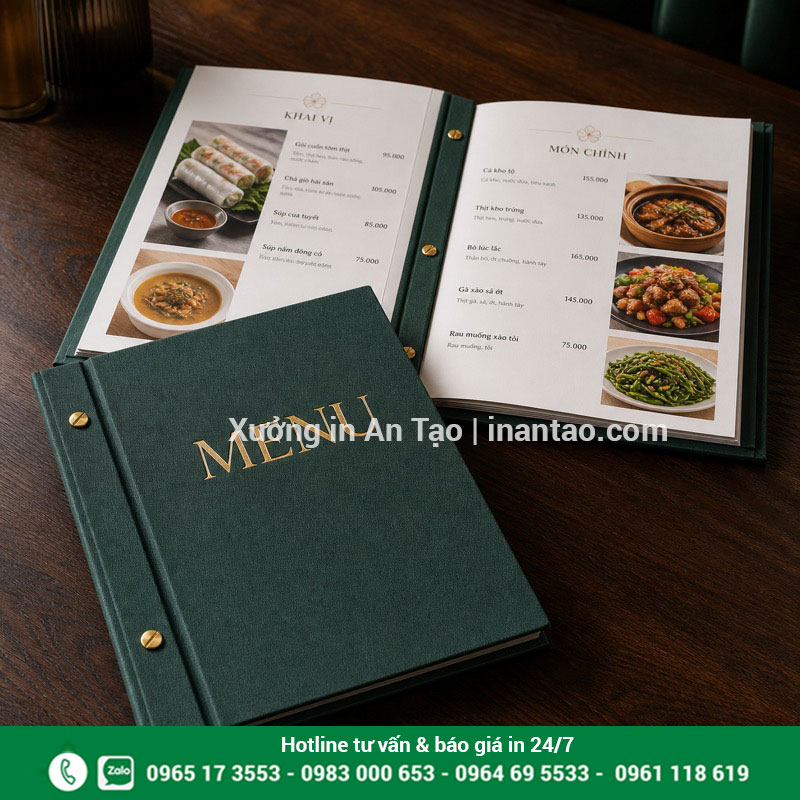 Mẫu menu bìa cứng cao cấp hoàn thiện chắc chắn In menu bìa cứng xanh đậm ép kim và đóng ốc