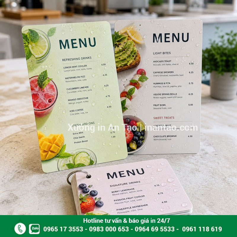 Mẫu menu giấy nhựa bền đẹp dễ vệ sinh In menu giấy nhựa chống nước cho quán cà phê và nhà hàng