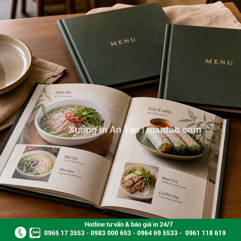 In menu đẹp theo yêu cầu tại xuongtogiay.com Mẫu in menu nhà hàng hoàn thiện với bìa cứng và ruột in màu