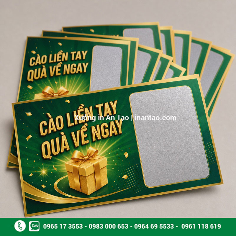 Mẫu in thẻ cào hoàn chỉnh tại xuongtogiay.com In thẻ cào trúng thưởng thiết kế xanh lá và vàng