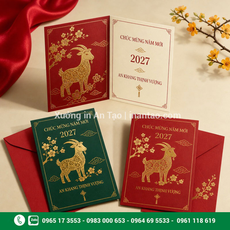 In thiệp Tết 2027 thiết kế theo yêu cầu In thiệp Tết 2027 với mẫu thiệp đỏ xanh ép kim kèm phong bì