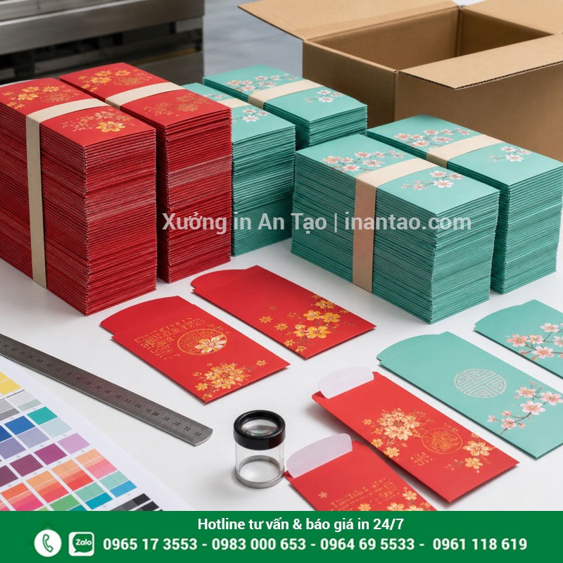 Kiểm tra và đóng gói bao lì xì thành phẩm Kiểm tra màu bế dán và đóng gói đơn in bao lì xì giá sỉ