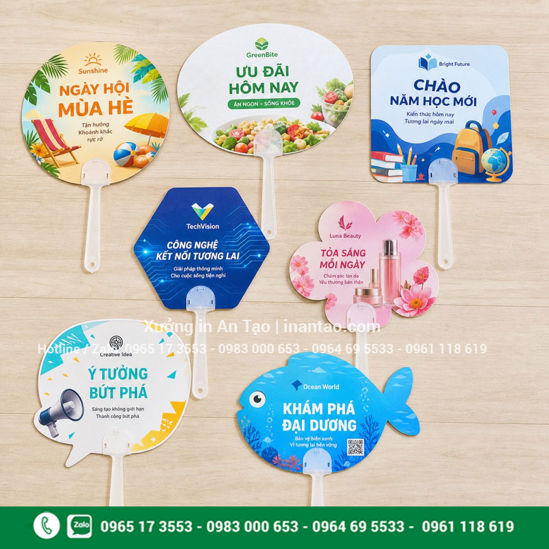 Kiểu dáng quạt giấy quảng cáo bế theo yêu cầu Các kiểu dáng quạt giấy quảng cáo in theo yêu cầu