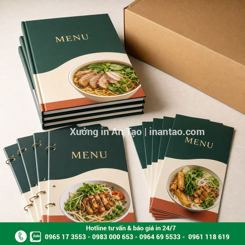 Menu in hoàn chỉnh được kiểm tra và đóng gói Bộ menu thành phẩm bìa cứng gáy còng và tờ gấp sẵn sàng giao