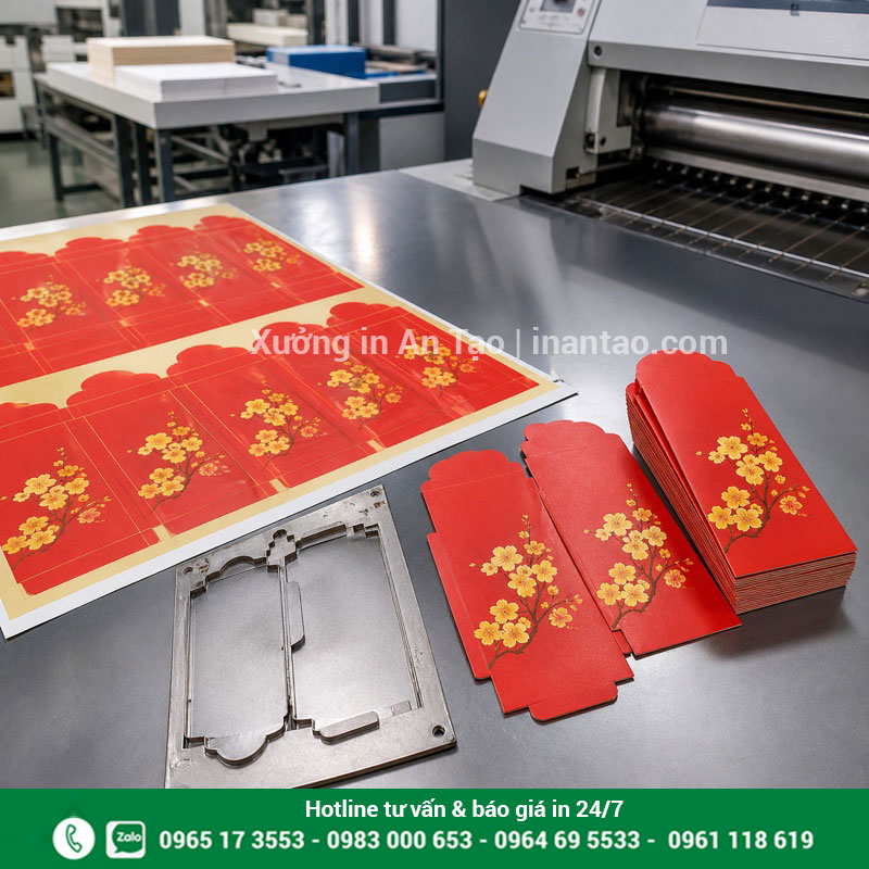 Quy trình sản xuất tại xưởng in bao lì xì Quy trình in bao lì xì từ tờ in đến phôi bế và thành phẩm