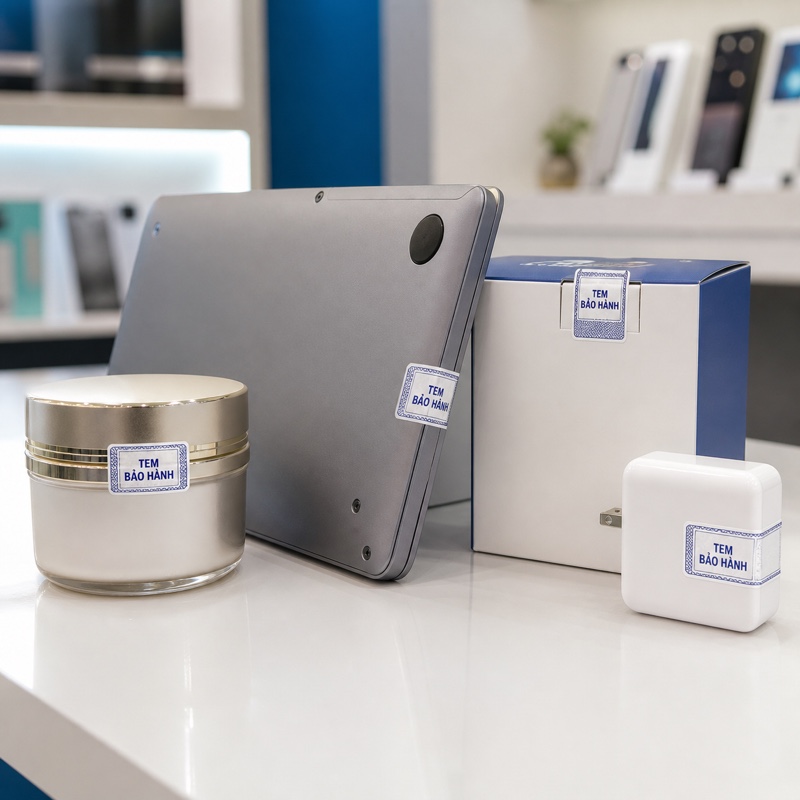 Ứng dụng tem bảo hành trên sản phẩm thực tế Tem bảo hành dán trên mỹ phẩm laptop và thiết bị điện