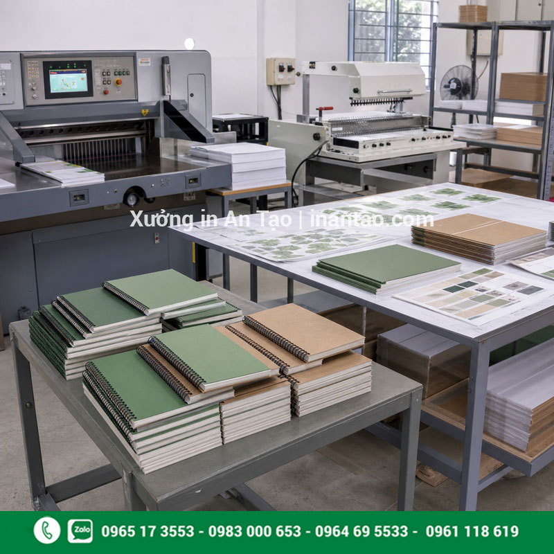 Quy trình sản xuất tại xưởng in sổ tay Xưởng in sổ tay với máy cắt và máy đóng lò xo