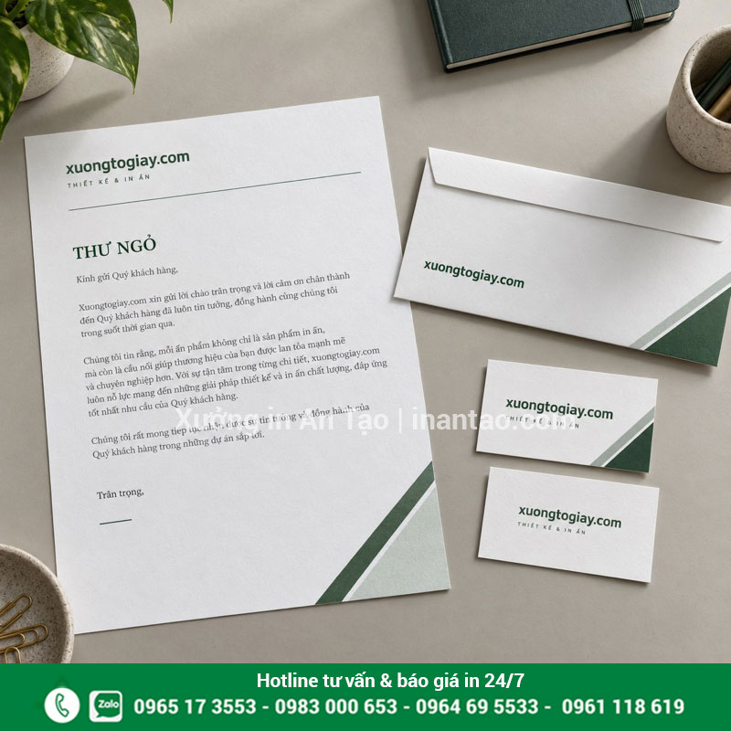 Bộ giấy tiêu đề và bao thư đồng bộ nhận diện Bộ giấy tiêu đề, bao thư và danh thiếp xuongtogiay.com đồng bộ màu xanh