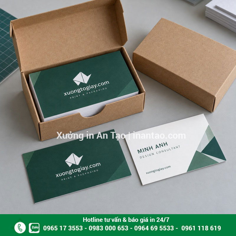 Mẫu card visit số lượng ít đóng hộp gọn gàng Bộ card visit xuongtogiay.com màu xanh trắng được xếp trong hộp giấy kraft