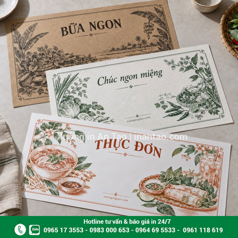 Chọn chất liệu giấy lót bàn ăn phù hợp Ba mẫu giấy lót bàn ăn trên nền giấy Kraft, Ford và Couche