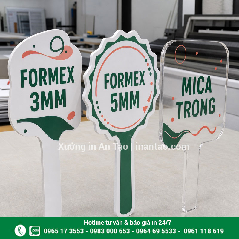 Chất liệu in hashtag cầm tay Formex và mica So sánh Formex 3 mm, Formex 5 mm và mica trong làm hashtag cầm tay