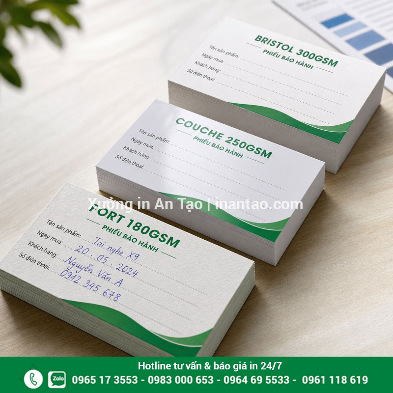 Chọn chất liệu in thẻ bảo hành dễ viết và bền đẹp So sánh giấy Fort Couche và Bristol dùng in thẻ bảo hành