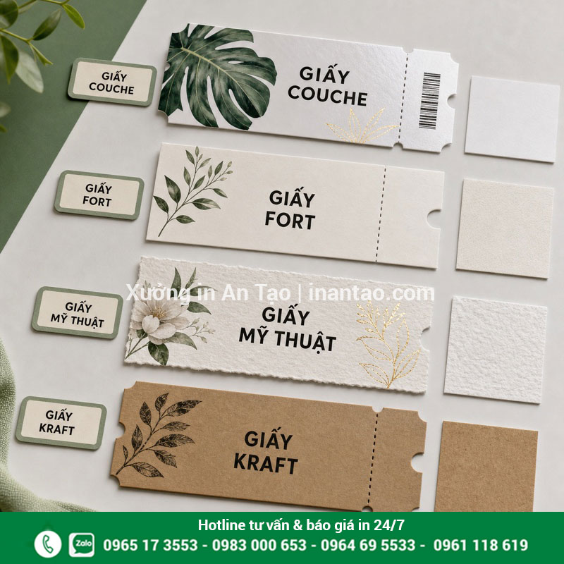 Chất liệu giấy in vé sự kiện phổ biến So sánh giấy Couche Fort mỹ thuật và Kraft khi in vé sự kiện