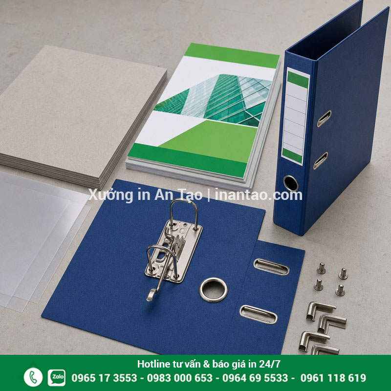 Chất liệu sản xuất bìa còng A4 F4 Vật liệu carton simili nhựa PP và còng kim loại làm bìa còng