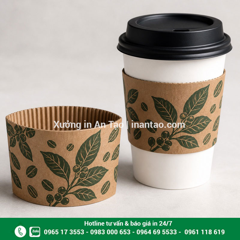 Cấu tạo cover cách nhiệt cho cốc đồ uống nóng Cover cách nhiệt carton sóng in họa tiết lá cà phê