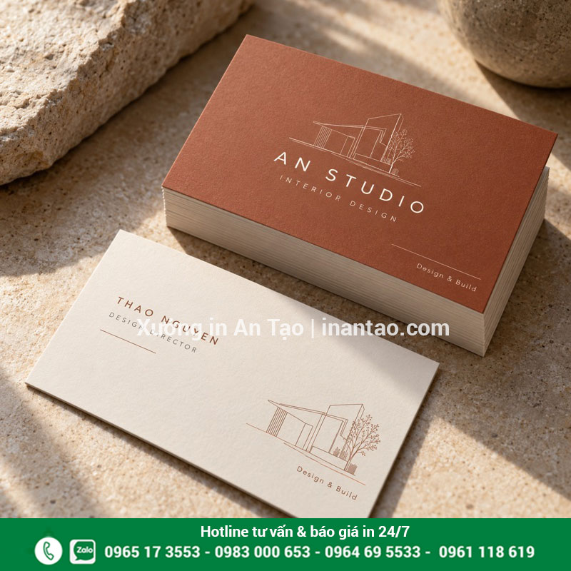 Mẫu danh thiếp cán mờ cho ngành thiết kế nội thất Danh thiếp AN STUDIO màu đất nung và trắng với thiết kế ngành nội thất