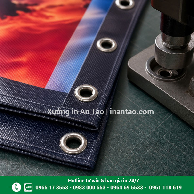 Gia công đóng khoen banner chắc chắn Cận cảnh gia công gấp biên và đóng khoen banner