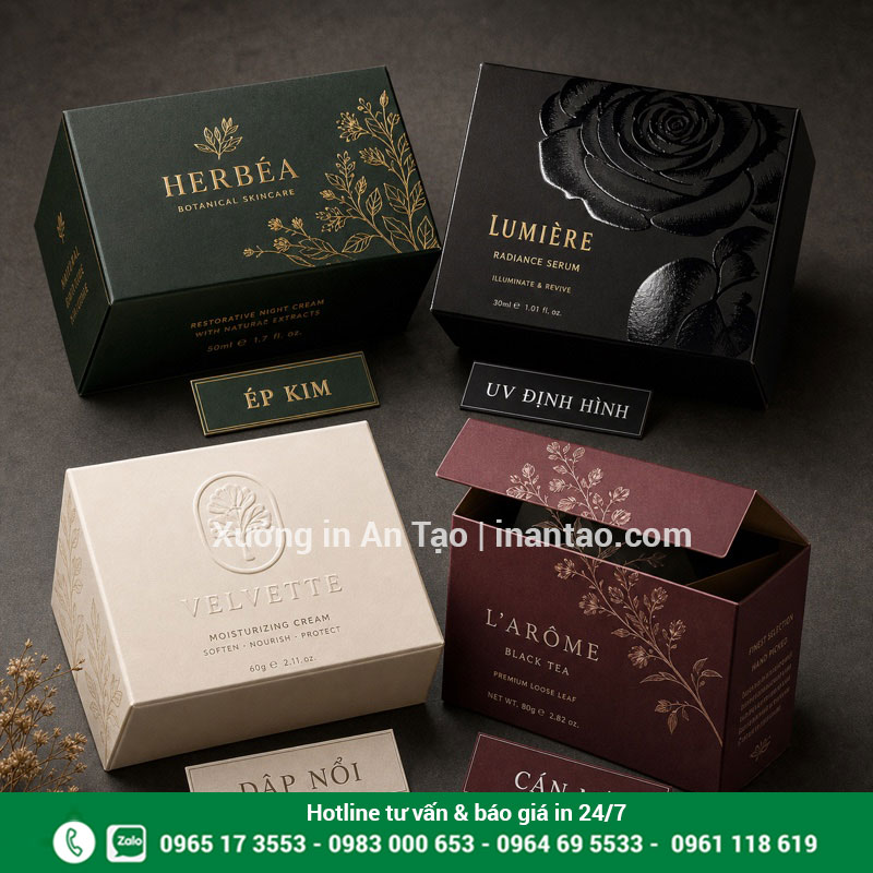 Kỹ thuật gia công hộp giấy cao cấp Gia công ép kim UV định hình dập nổi và cán mờ trên hộp giấy