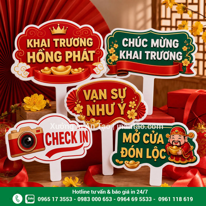 Hashtag cầm tay khai trương cửa hàng theo yêu cầu Bộ hashtag cầm tay khai trương màu đỏ vàng in hoàn chỉnh