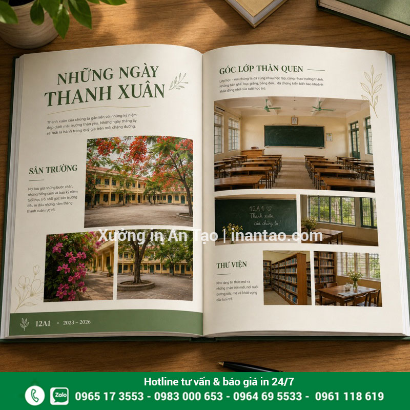 Bố cục trang ruột khi in ảnh kỷ yếu Trang ruột kỷ yếu mở đôi với ảnh sân trường, lớp học và thư viện