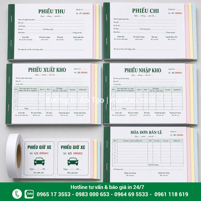 In biểu mẫu nghiệp vụ đồng bộ theo yêu cầu Bộ in biểu mẫu gồm phiếu thu phiếu chi phiếu kho phiếu giữ xe và hóa đơn