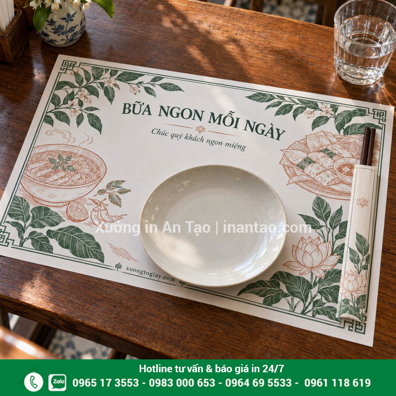 In giấy lót bàn theo thiết kế tại xuongtogiay.com Mẫu in giấy lót bàn màu xanh đặt dưới đĩa sứ trên bàn gỗ