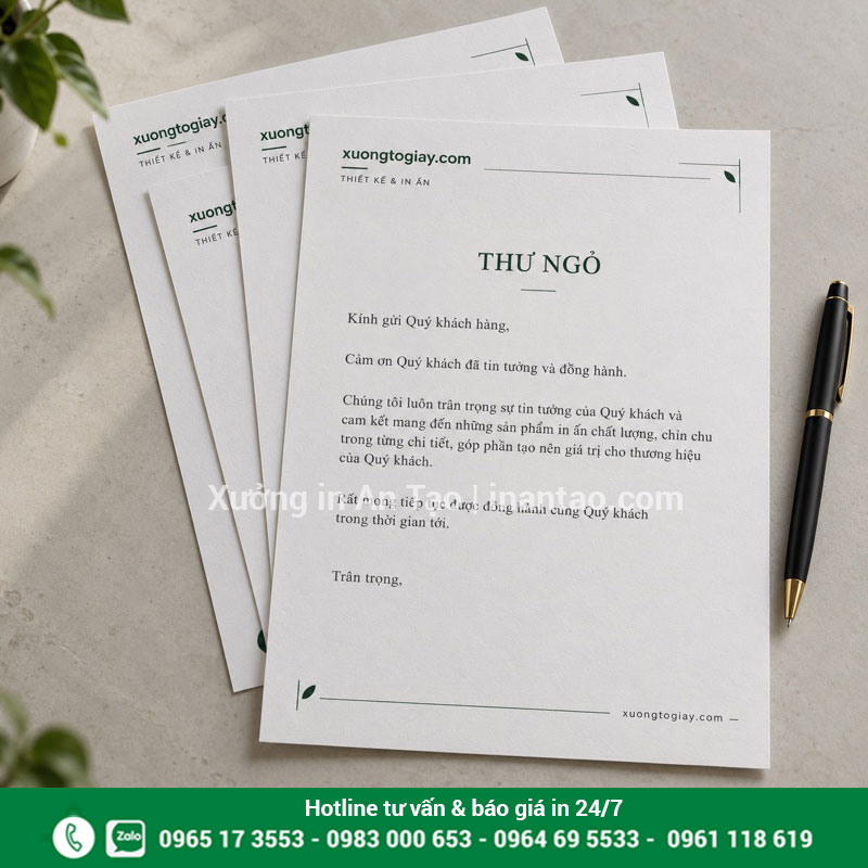 Mẫu giấy tiêu đề A4 theo nhận diện xuongtogiay.com Mẫu in giấy tiêu đề A4 xuongtogiay.com với nhận diện xanh và nội dung thư ngỏ