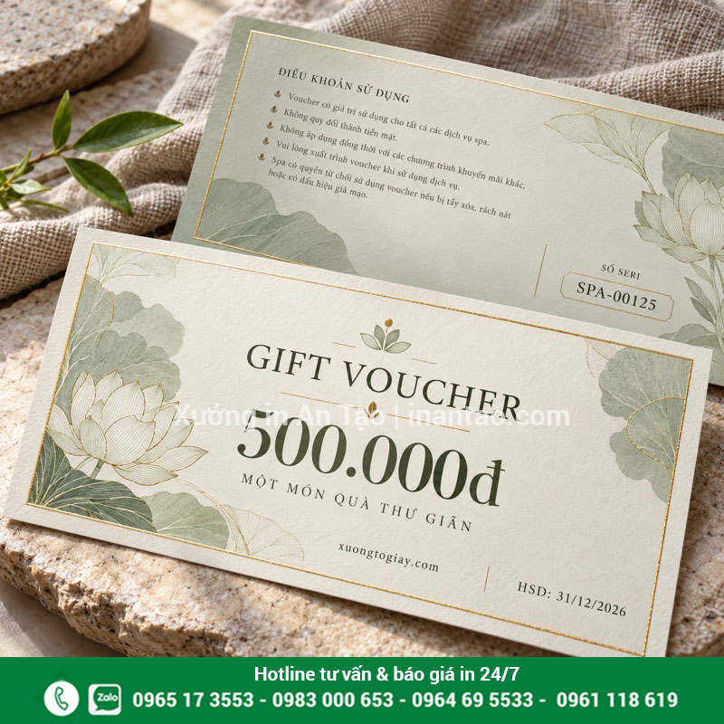Gift voucher spa với thiết kế tinh tế Mẫu gift voucher spa 500.000 đồng với họa tiết lá thanh lịch