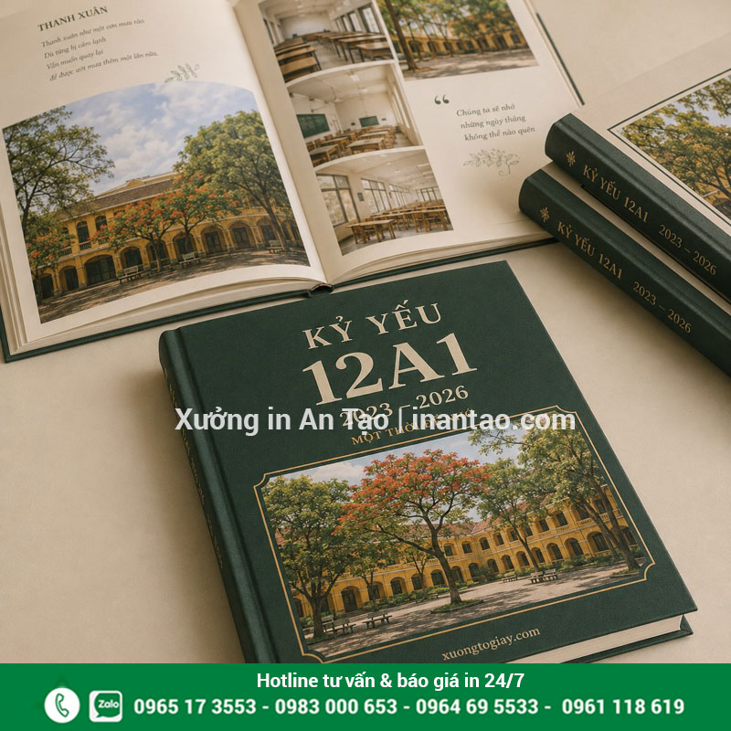 Mẫu in kỷ yếu lớp bìa xanh tại xuongtogiay.com Bộ kỷ yếu lớp 12A1 bìa xanh lá với ảnh sân trường và trang ruột đã dàn trang