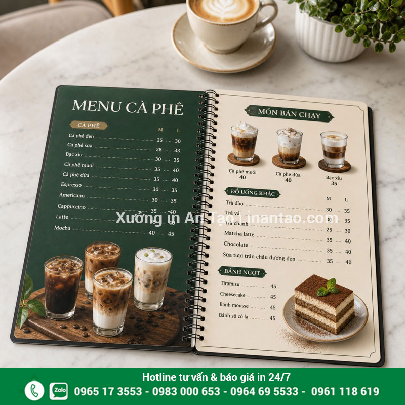 In menu nhựa PVC lò xo cho quán cà phê In menu nhựa PVC đóng lò xo mở phẳng