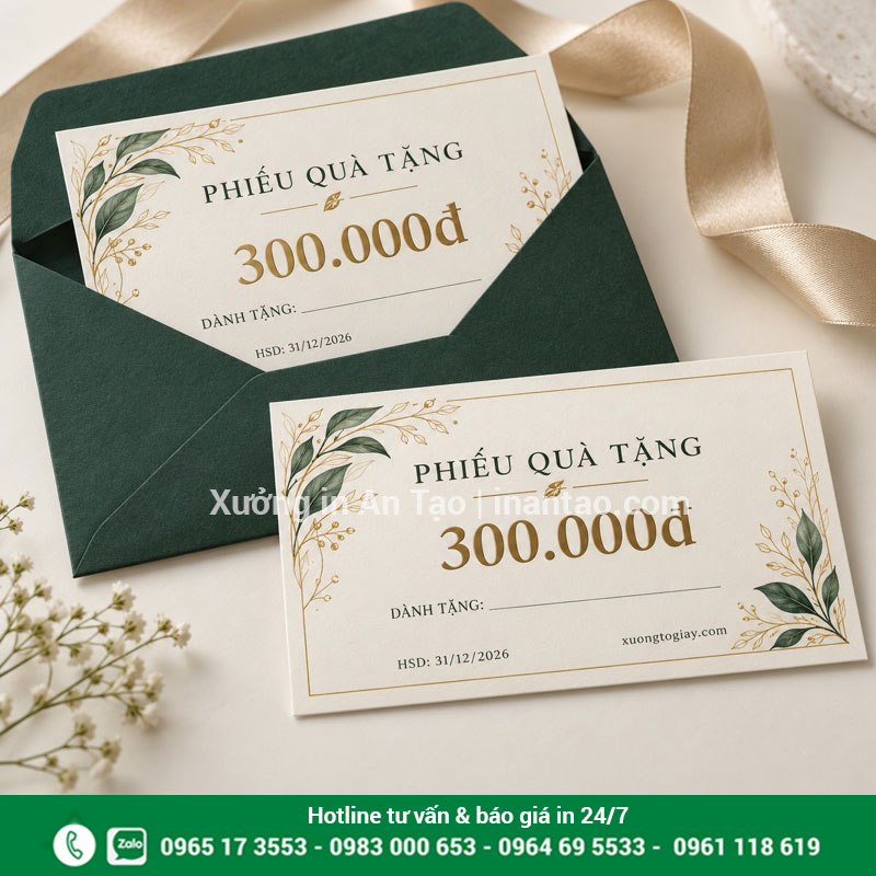 Phiếu quà tặng kèm bao thư Phiếu quà tặng 300.000 đồng đi cùng bao thư xanh đồng bộ
