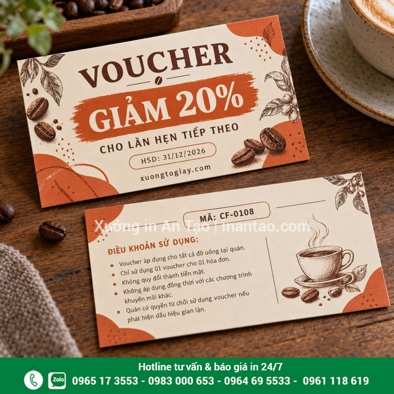 Mẫu voucher giảm giá cho quán cà phê Voucher giảm 20 phần trăm cho quán cà phê màu nâu cam