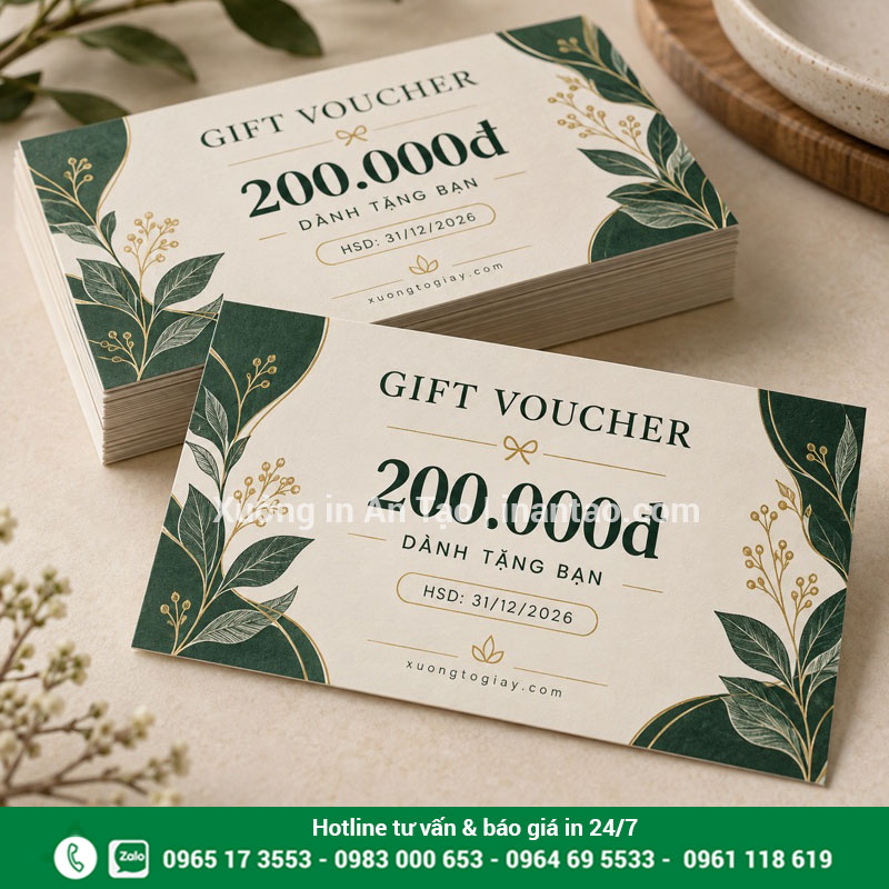 Mẫu in voucher tại xuongtogiay.com Bộ voucher màu xanh kem in hoàn chỉnh trên giấy dày