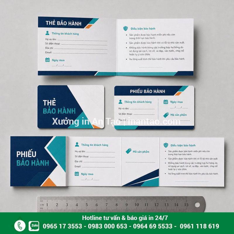 Các kích thước in thẻ bảo hành phổ biến So sánh kích thước thẻ bảo hành đơn, gấp đôi và phiếu bảo hành gấp ba