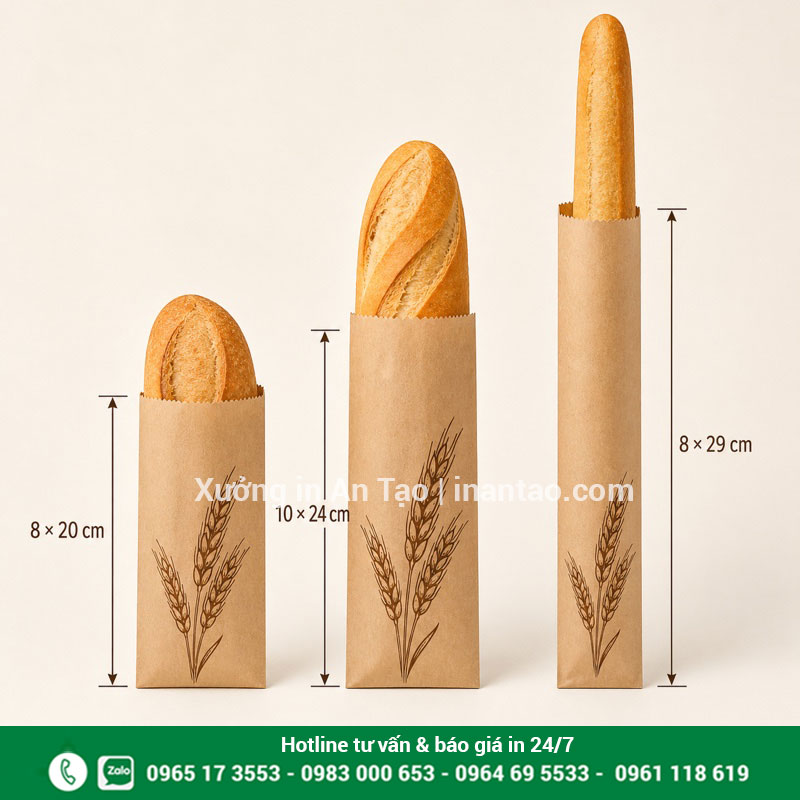 Cách chọn kích thước túi giấy đựng bánh mì Kích thước túi giấy đựng bánh mì 8 x 20 cm, 10 x 24 cm và 8 x 29 cm