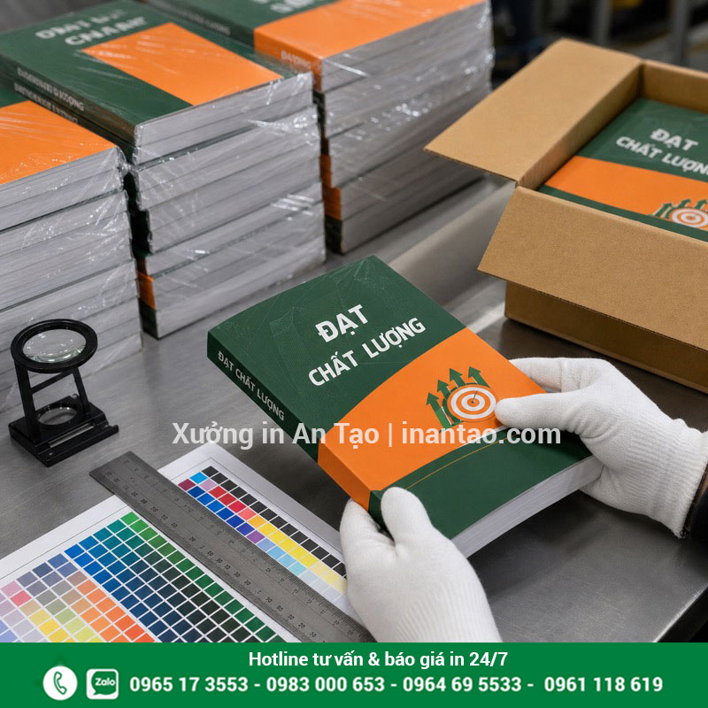 Kiểm tra chất lượng trước khi giao sách Kiểm tra màu sắc và đóng gói sách thành phẩm