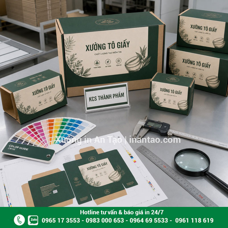 KCS hộp giấy thành phẩm trước giao hàng Kiểm tra màu kích thước đường bế và hộp giấy thành phẩm