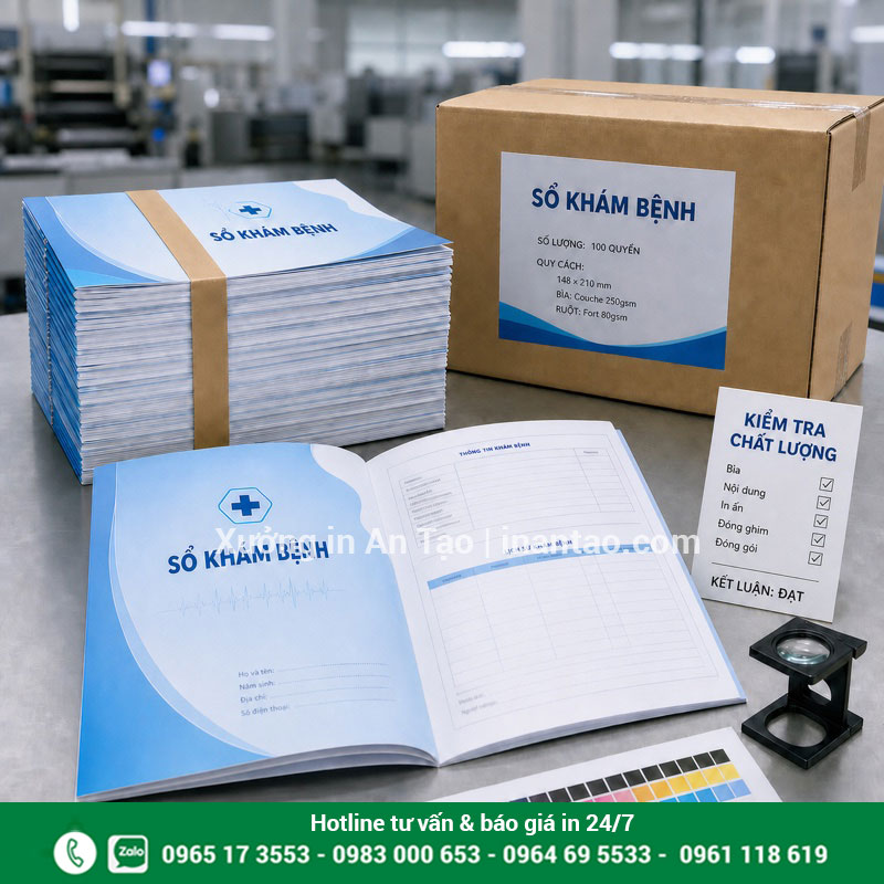 Kiểm tra chất lượng sổ khám bệnh sau in Kiểm tra sổ khám bệnh thành phẩm trước khi đóng gói giao hàng