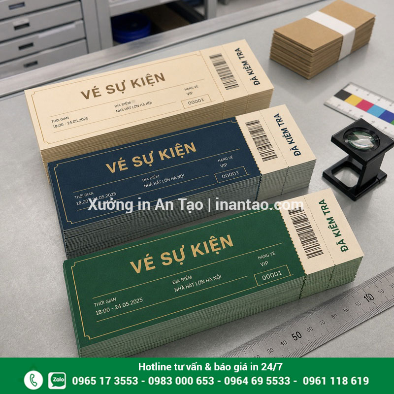 Kiểm tra chất lượng vé sự kiện sau in Kiểm tra màu cắt bế và cuống xé của vé sự kiện thành phẩm