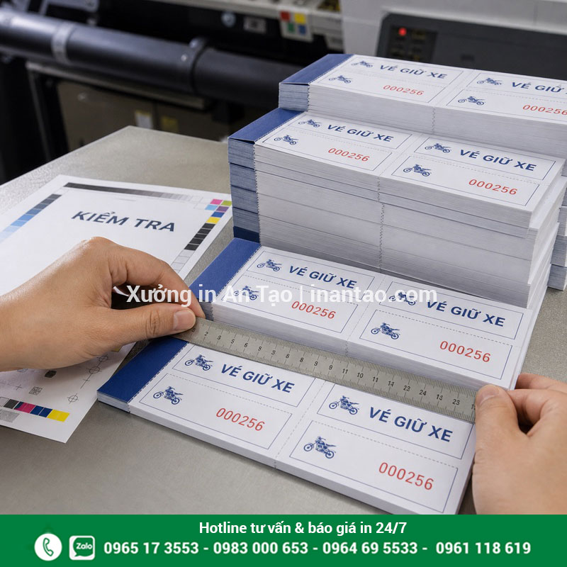 Kiểm tra chất lượng vé giữ xe sau in Kiểm tra kích thước và số seri vé giữ xe thành phẩm
