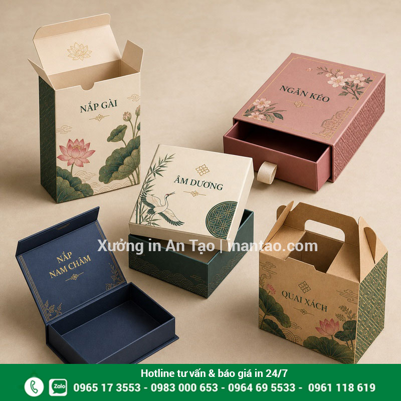 Kiểu dáng in hộp giấy theo yêu cầu Các kiểu hộp giấy nắp gài ngăn kéo âm dương nam châm và quai xách
