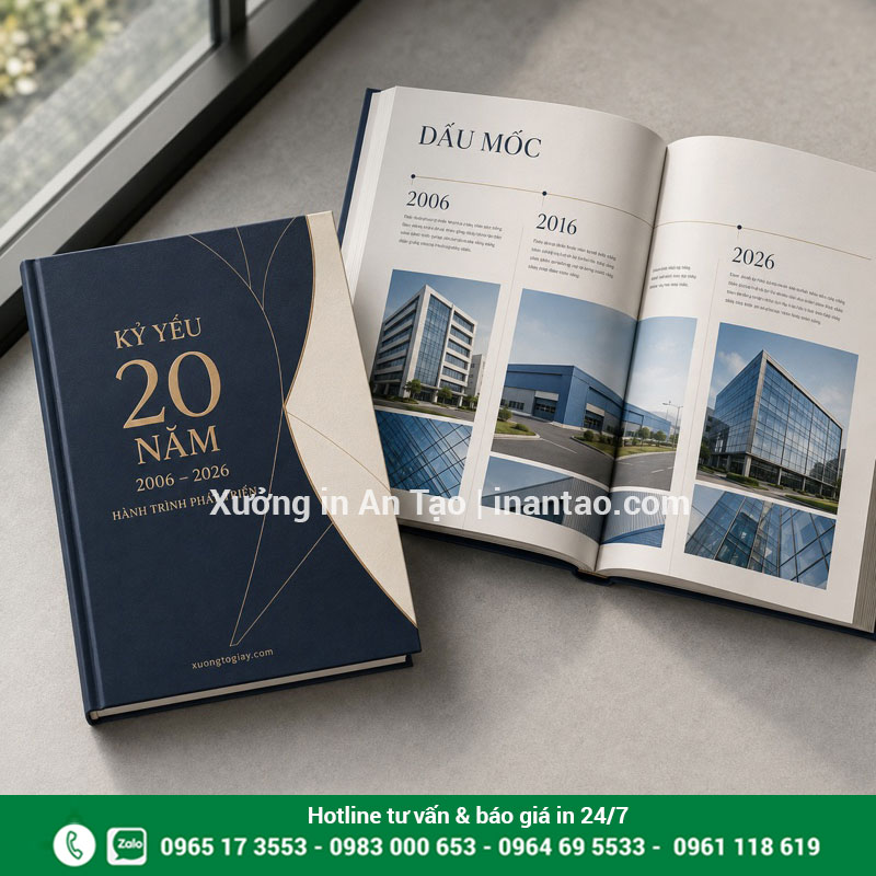 Mẫu kỷ yếu công ty kỷ niệm 20 năm Kỷ yếu doanh nghiệp 20 năm với bìa xanh đậm và trang mốc thời gian