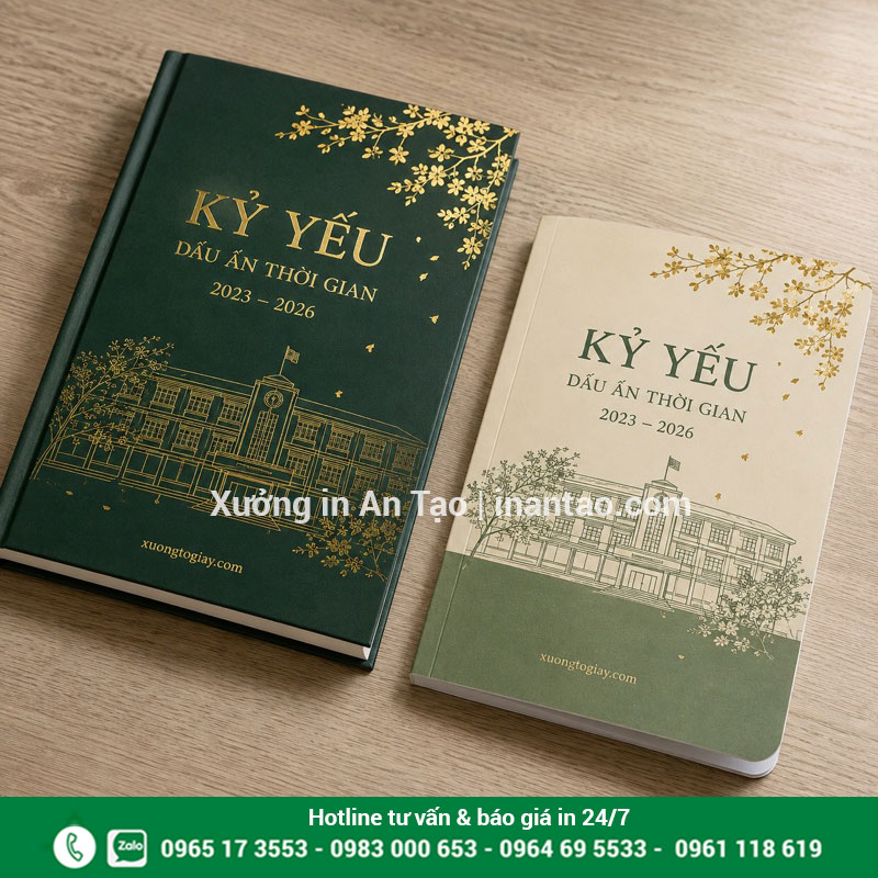 Mẫu làm bìa kỷ yếu cán mờ và ép kim Bìa kỷ yếu xanh lá ép kim đặt cạnh mẫu bìa mềm màu kem