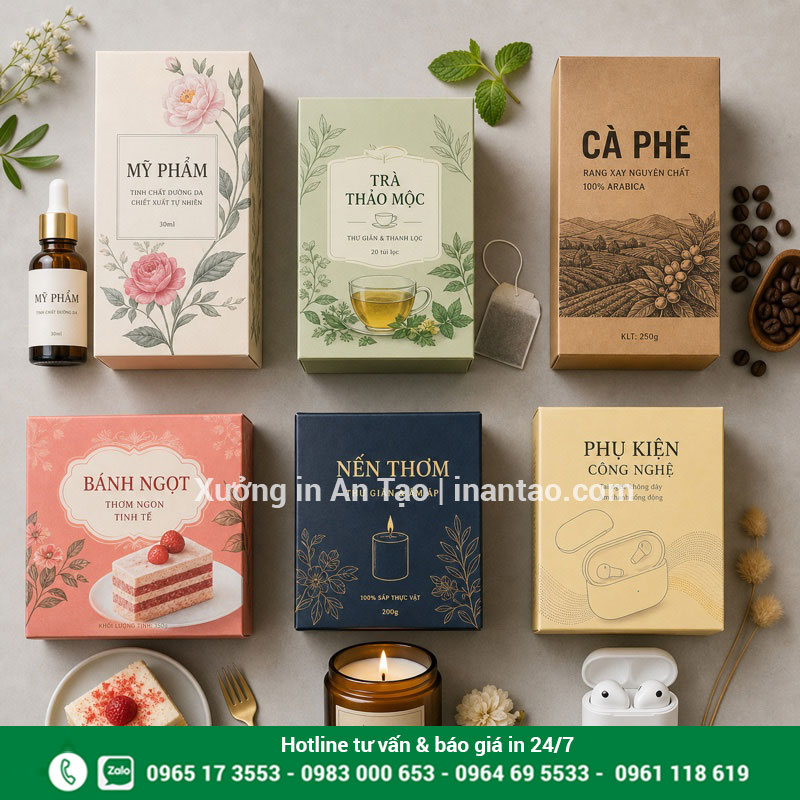 Mẫu in hộp giấy theo ngành hàng Mẫu in hộp giấy cho mỹ phẩm trà cà phê bánh và phụ kiện